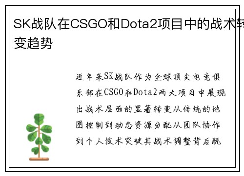 SK战队在CSGO和Dota2项目中的战术转变趋势